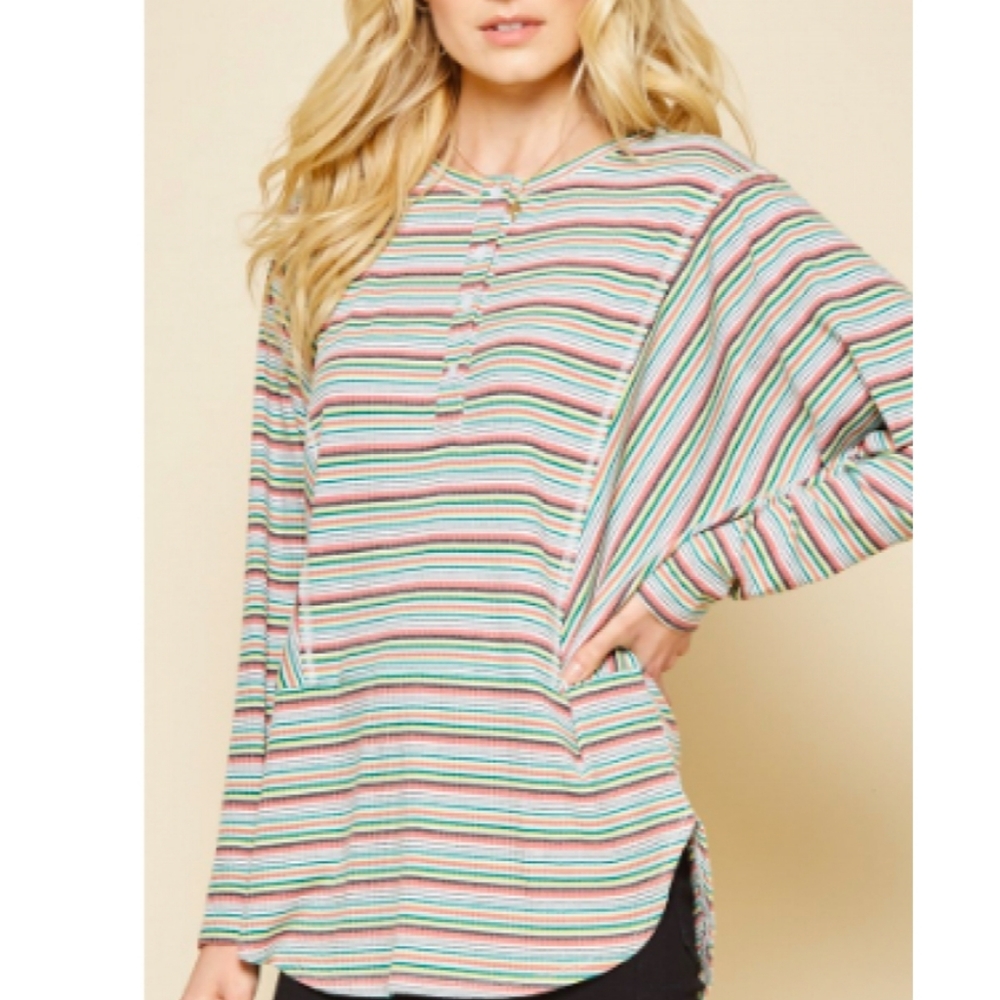 Andree Retro button rainbow striped tee